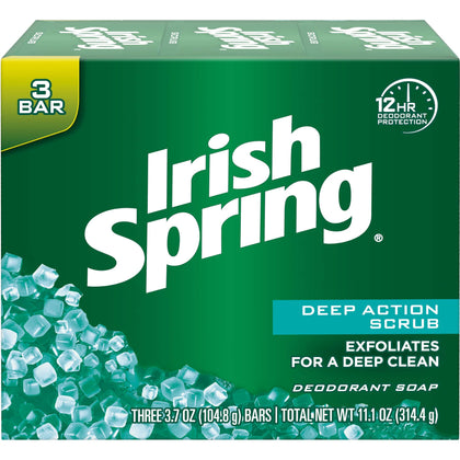 Irish Spring front packaging showing two clean scrub bars for fresh scent benefit