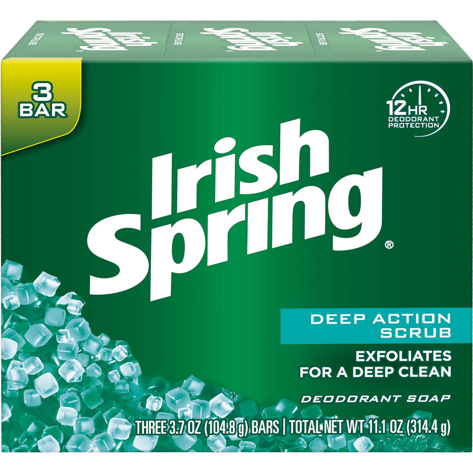 Irish Spring front packaging showing two clean scrub bars for fresh scent benefit