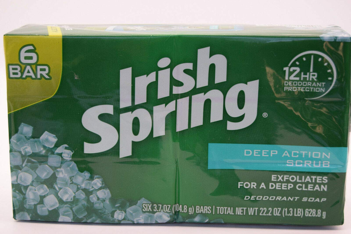 Irish Spring front packaging showing six bars and bold branding for easy storage