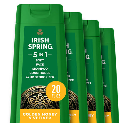 Irish Spring front packaging shows Golden Honey & Vetiver scent and convenience