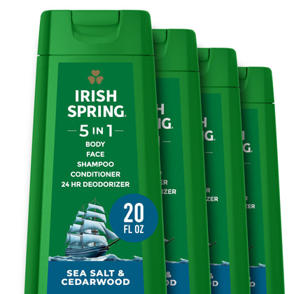 Irish Spring front packaging showing Sea Salt & Cedarwood scent and benefits