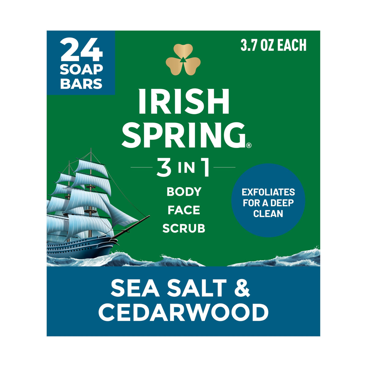 Irish Spring front packaging showing sea salt cedarwood scent and quantity benefit