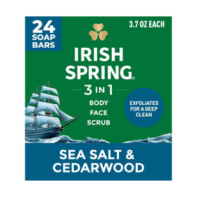 Irish Spring front packaging showing sea salt cedarwood scent and quantity benefit