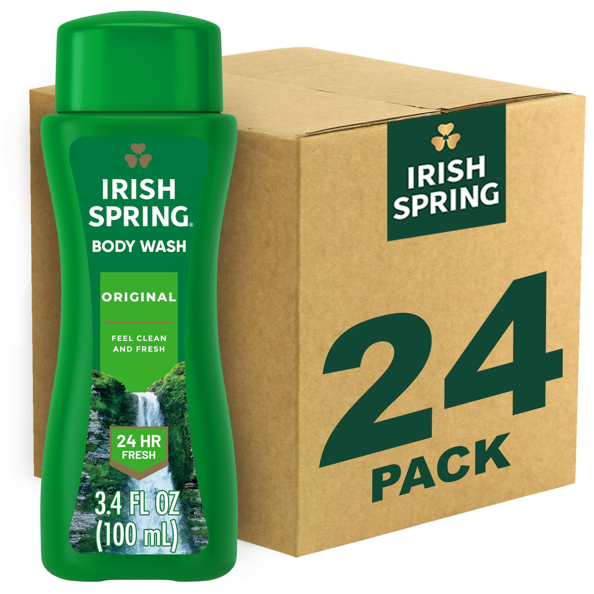 Irish Spring front packaging showing travel-size bottle and clean scent benefit