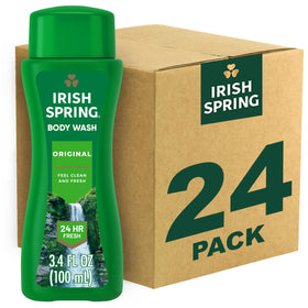 Irish Spring front packaging showing travel-size bottle and clean scent benefit