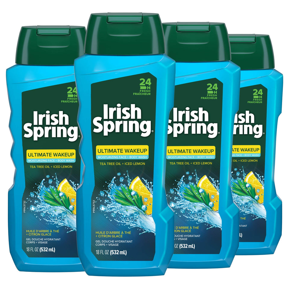Irish Spring front packaging showing bottle and energizing scent benefit