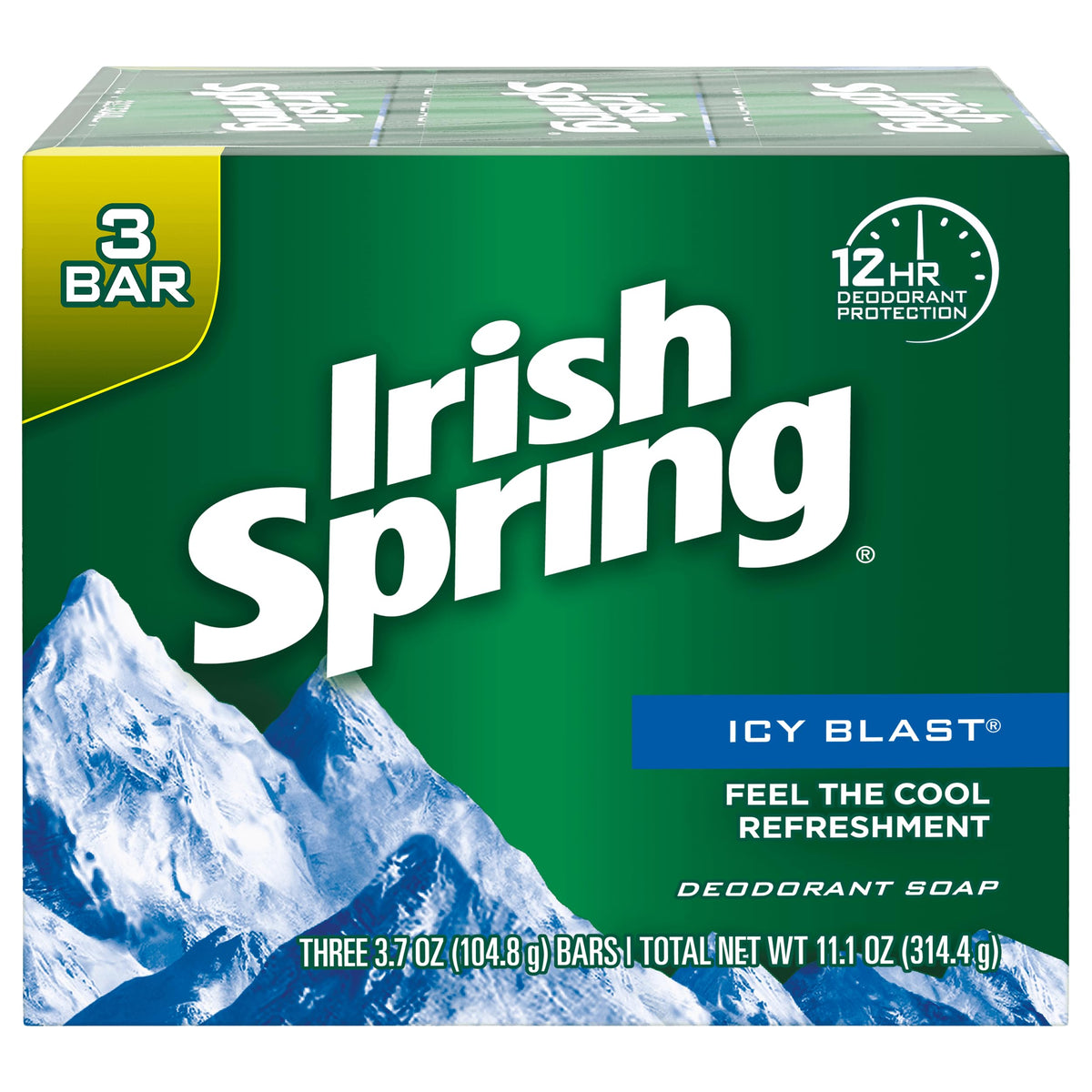 Irish Spring front packaging showing icy blast bars and fresh scent benefit