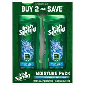 Irish Spring front packaging showing two 18 fl oz bottles and fresh scent benefit