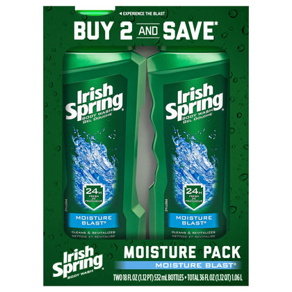 Irish Spring front packaging showing two 18 fl oz bottles and fresh scent benefit