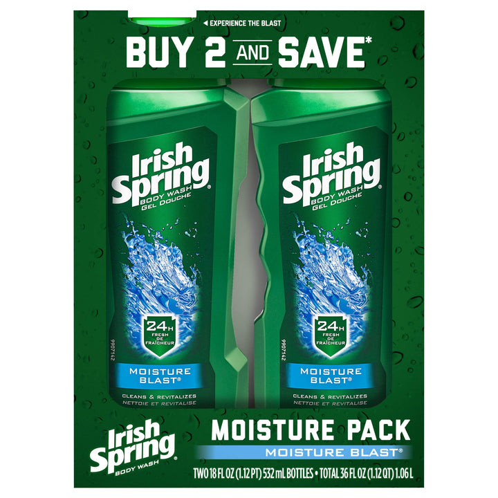 Irish Spring front packaging showing two 18 fl oz bottles and fresh scent benefit