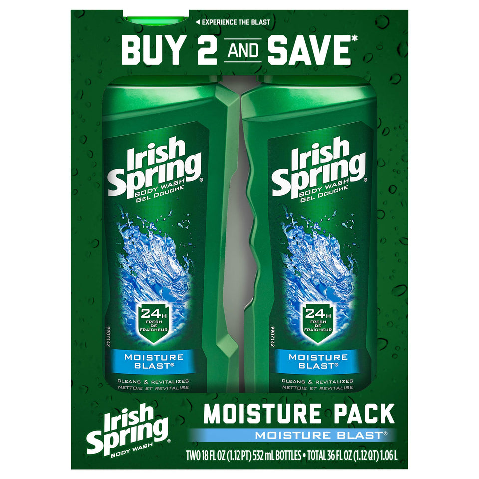 Irish Spring front packaging showing two 18 fl oz bottles and fresh scent benefit