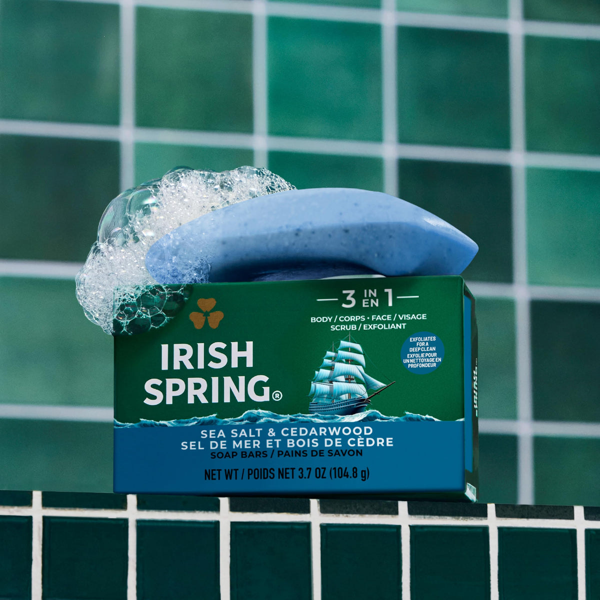 Irish Spring close-up of bar texture showing oat and jojoba scrub for exfoliation