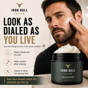 Iron Bull Tallow ingredient display with grass-fed tallow and jojoba highlighting purity