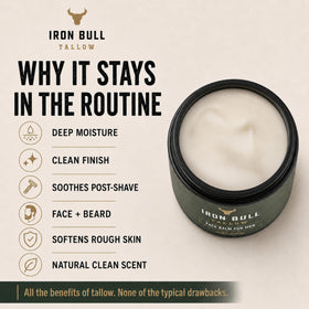 Iron Bull Tallow on post-shave skin showing soothing and moisturizing benefit