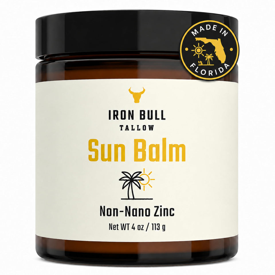 Iron Bull Tallow jar front view showing compact sunscreen balm