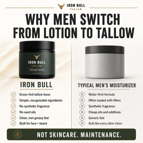 Iron Bull Tallow in a travel kit pouch showing on-the-go grooming convenience