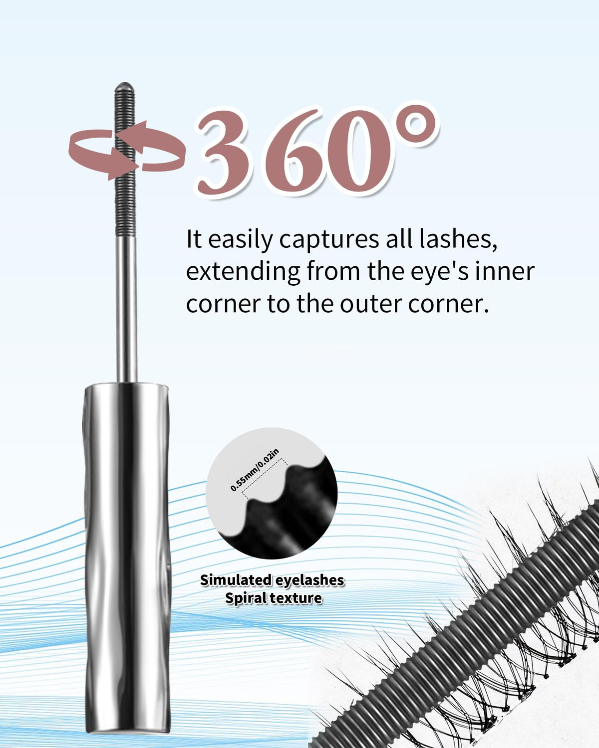 Generic iron wand curler with mascara tubes flatlay showing tools for lifted lashes benefit