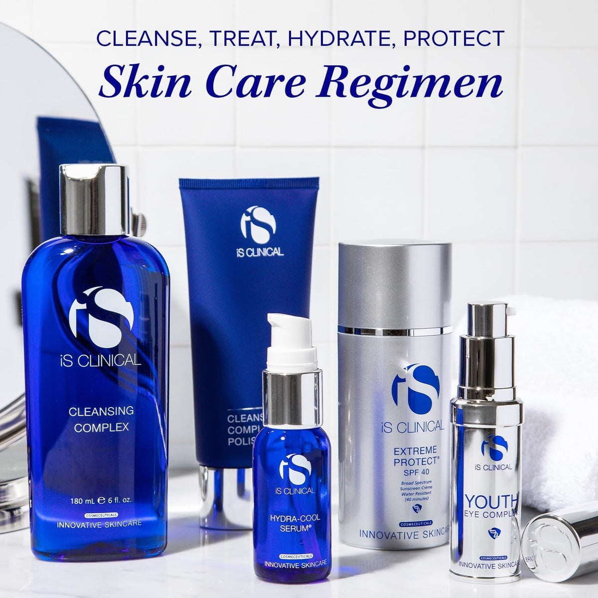 iS CLINICAL on bathroom shelf in lifestyle scene conveying daily routine benefit