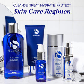 iS CLINICAL on bathroom shelf in lifestyle scene conveying daily routine benefit