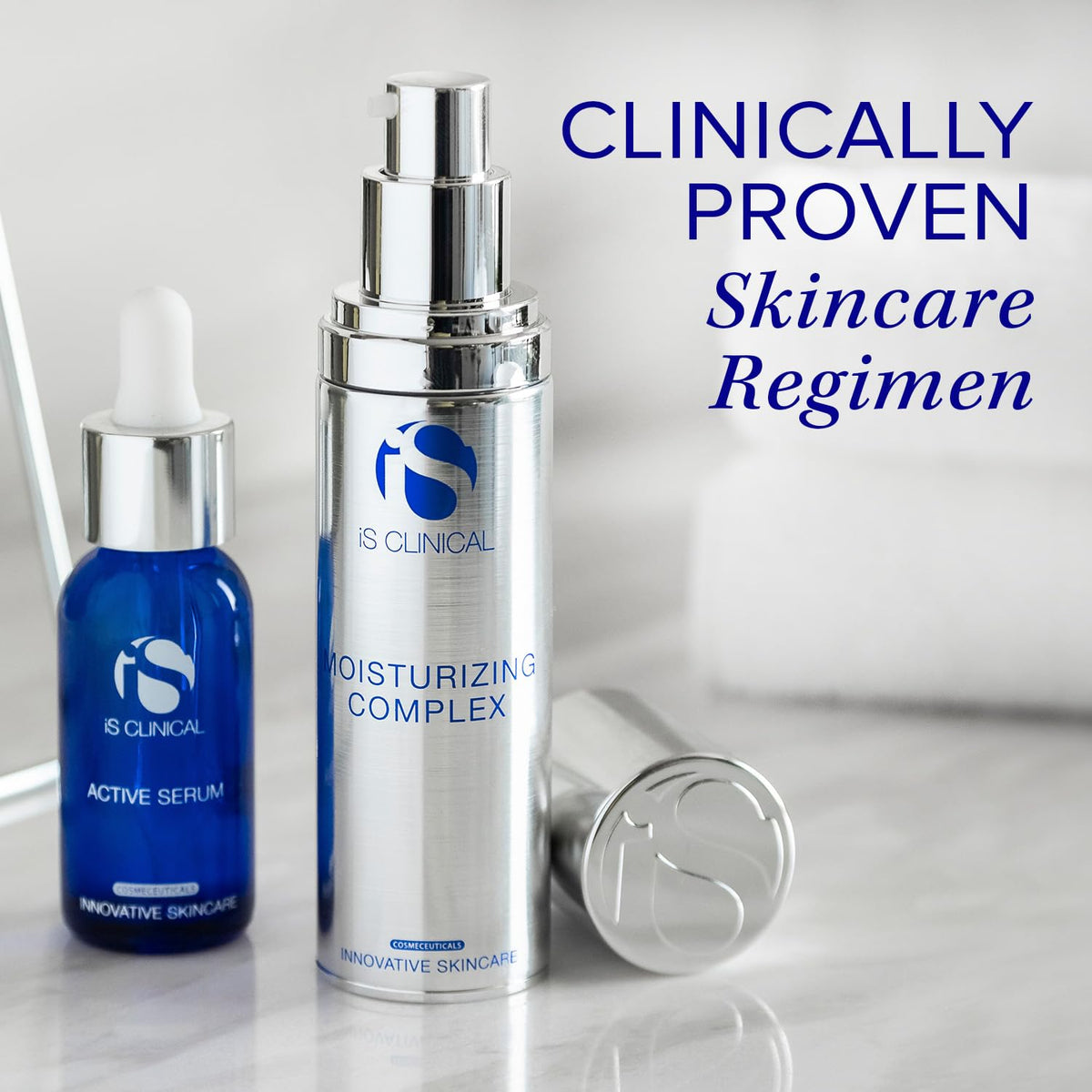 iS CLINICAL on bathroom counter in routine setting, suggests seamless daily use