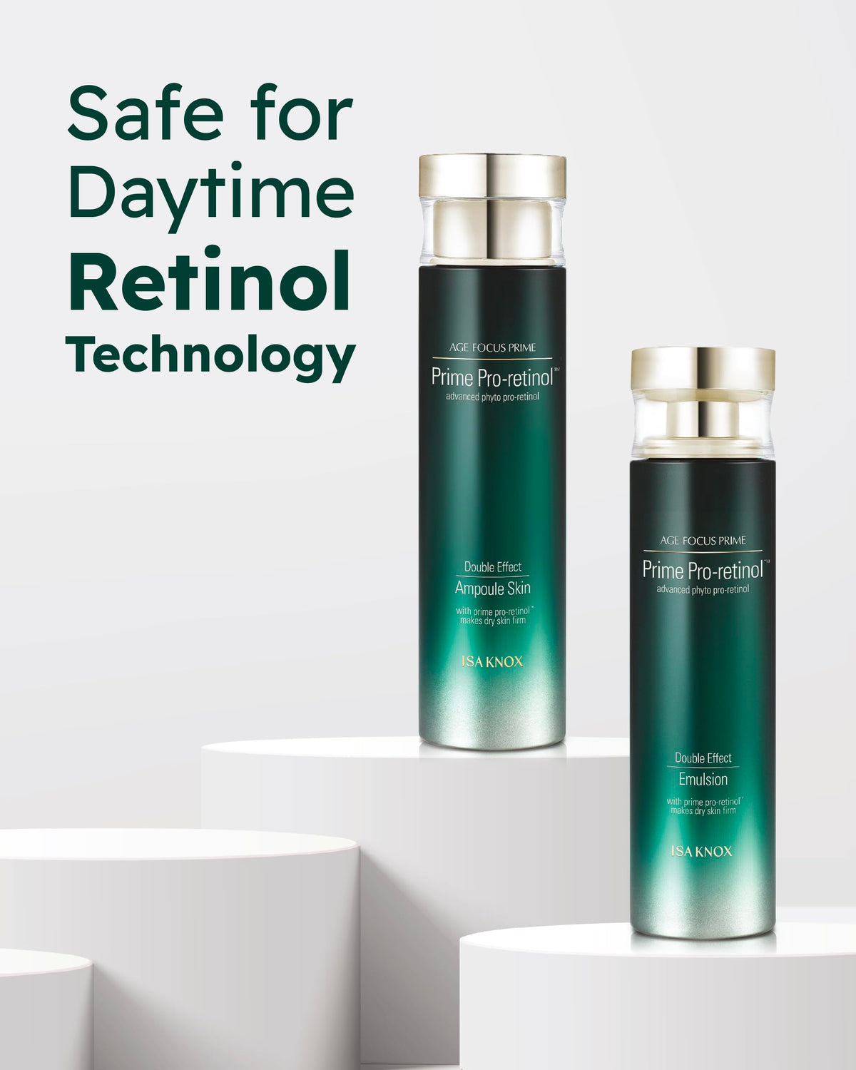 Isa Knox ampoule and emulsion bottles close-up highlighting absorption tech