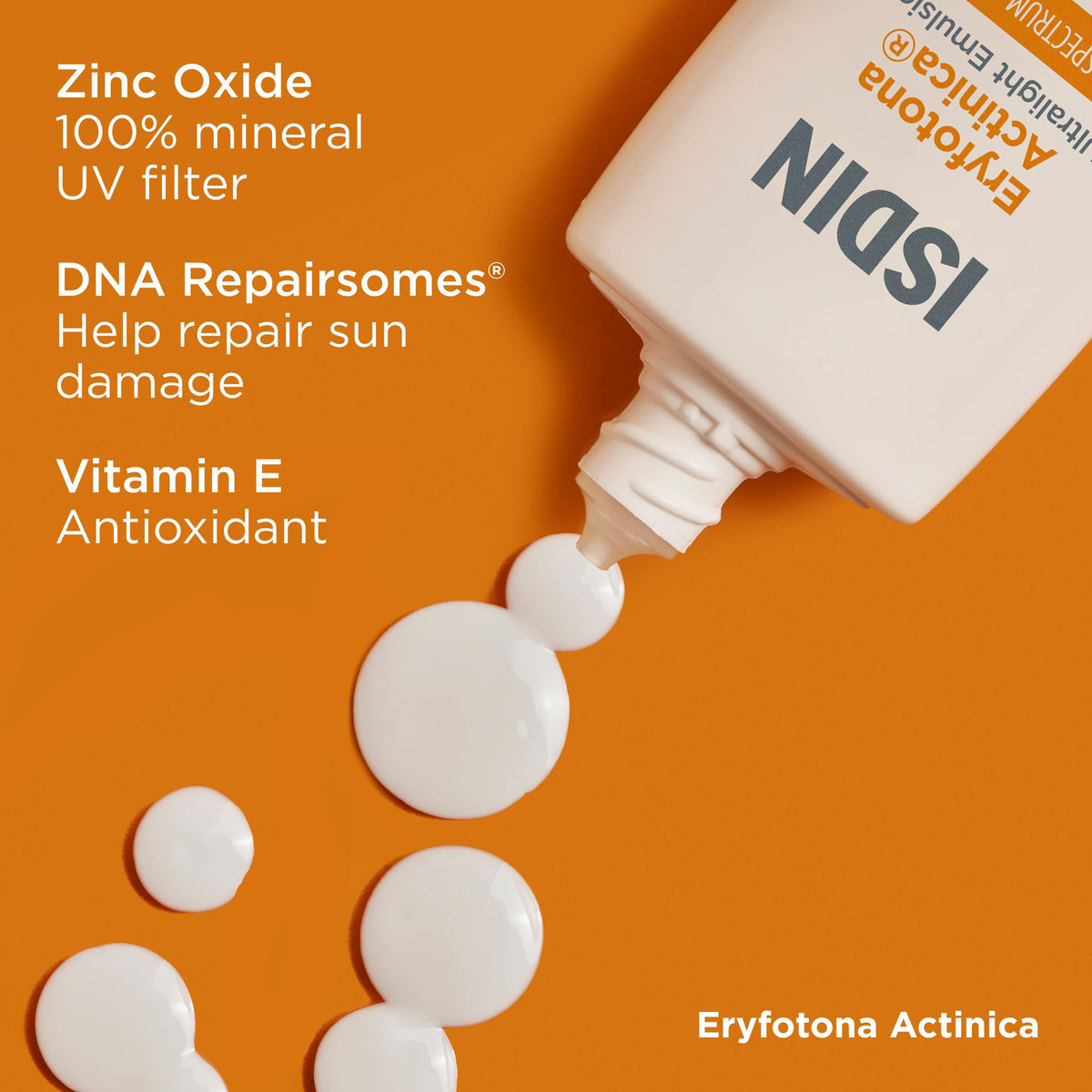 ISDIN ingredient panel closeup showing DNA Repairsomes and zinc oxide benefits