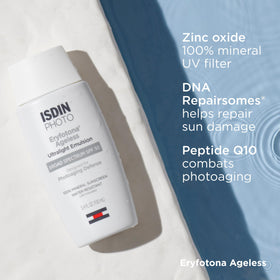 ISDIN eryfotona ageless before and after swatch illustrating evened skin tone