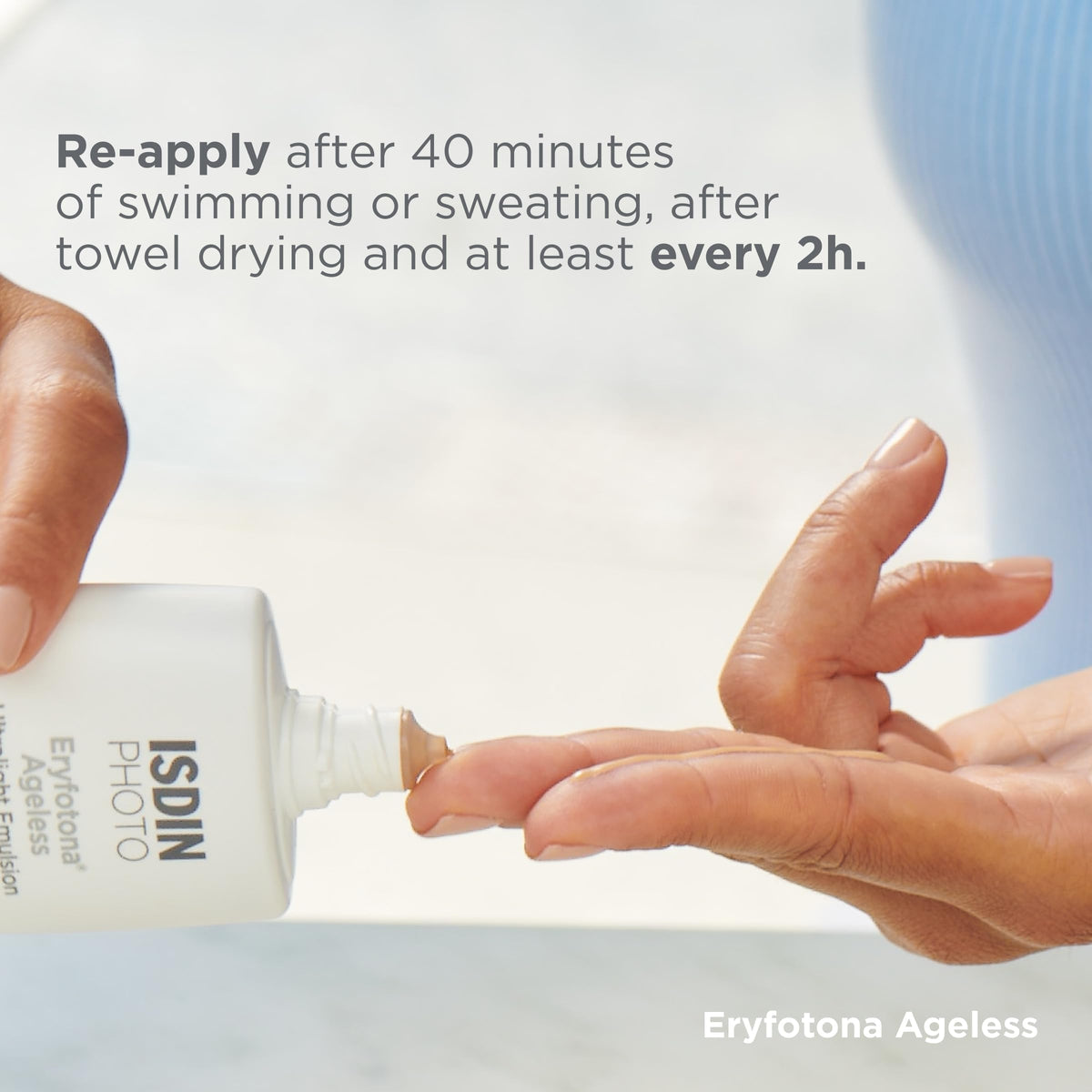 ISDIN eryfotona ageless 3.4oz scale comparison showing travel-friendly size benefit
