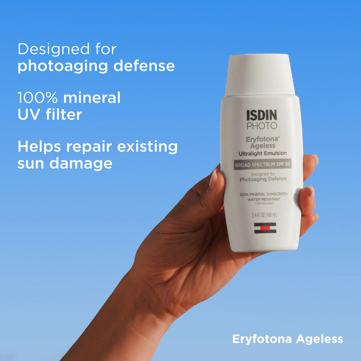 ISDIN eryfotona ageless tube top and cap view demonstrating easy dispensing