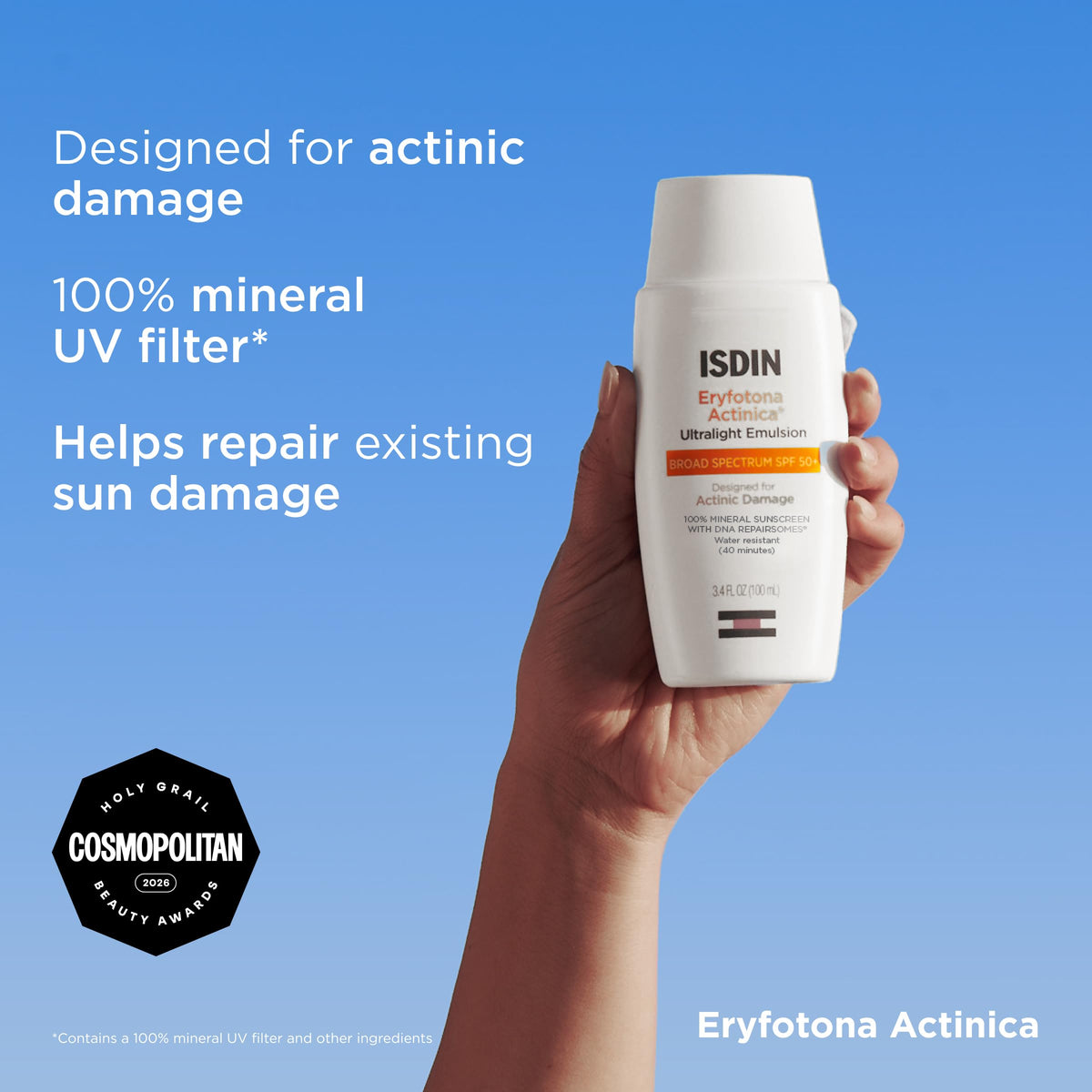 ISDIN Eryfotona ingredients label highlighting repairsomes and zinc oxide benefits