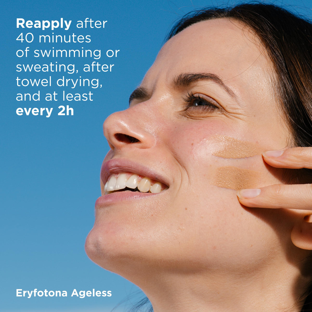 ISDIN applied outdoors on cheek demonstrating water resistance and sun protection benefit