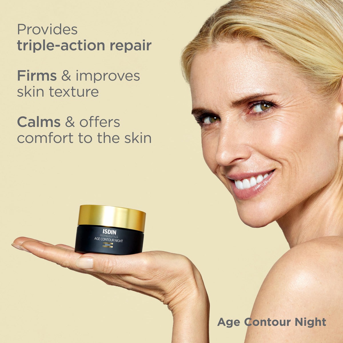 ISDIN in use on face and neck during nighttime routine for repair