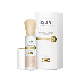 ISDIN front packaging showing compact brush and SPF protection benefit