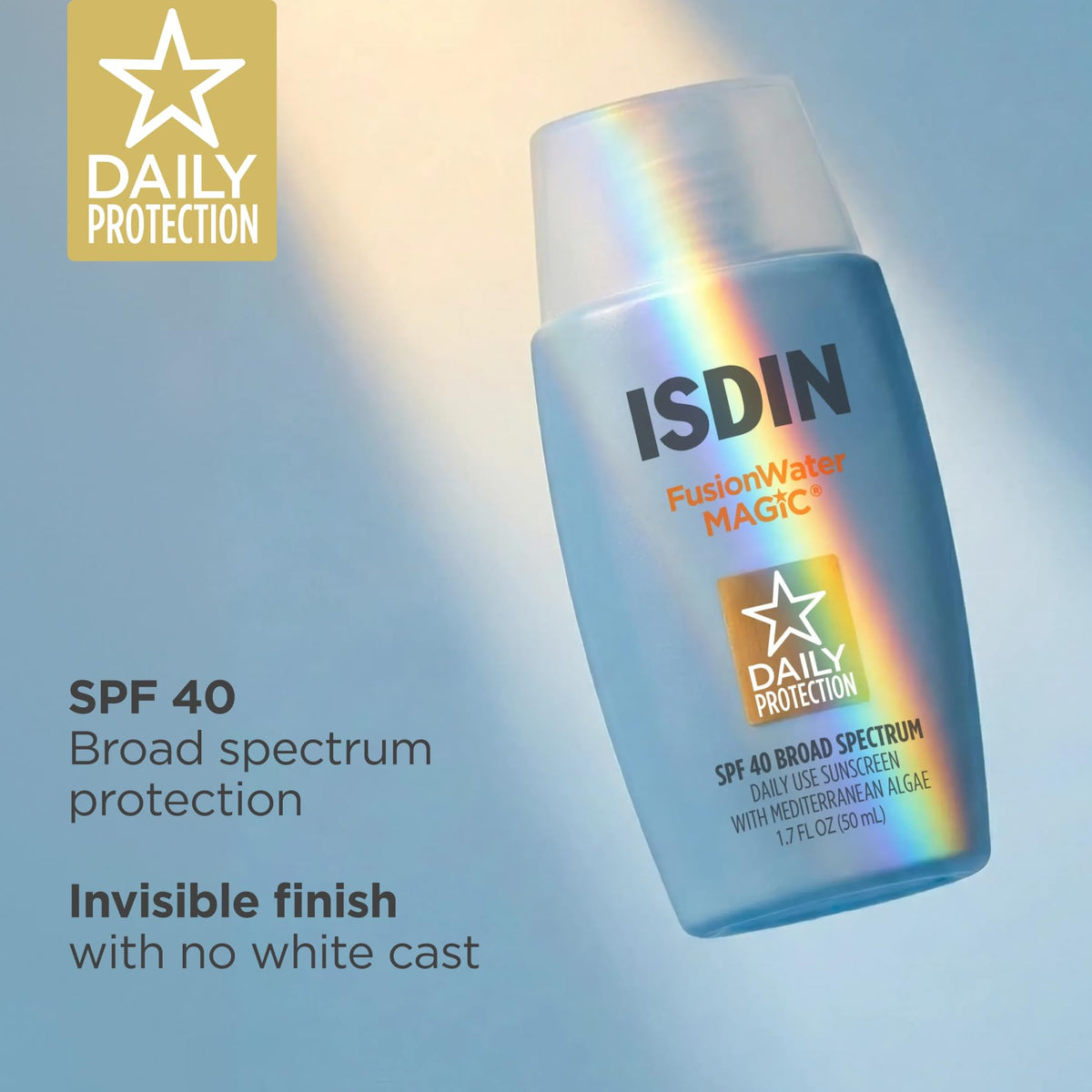 ISDIN Fusion Water MAGIC being applied to cheek showing fast-absorbing non-greasy finish