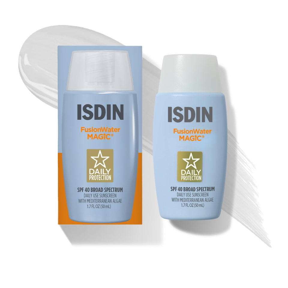 ISDIN Fusion Water MAGIC front packaging showing compact travel-friendly tube and SPF label