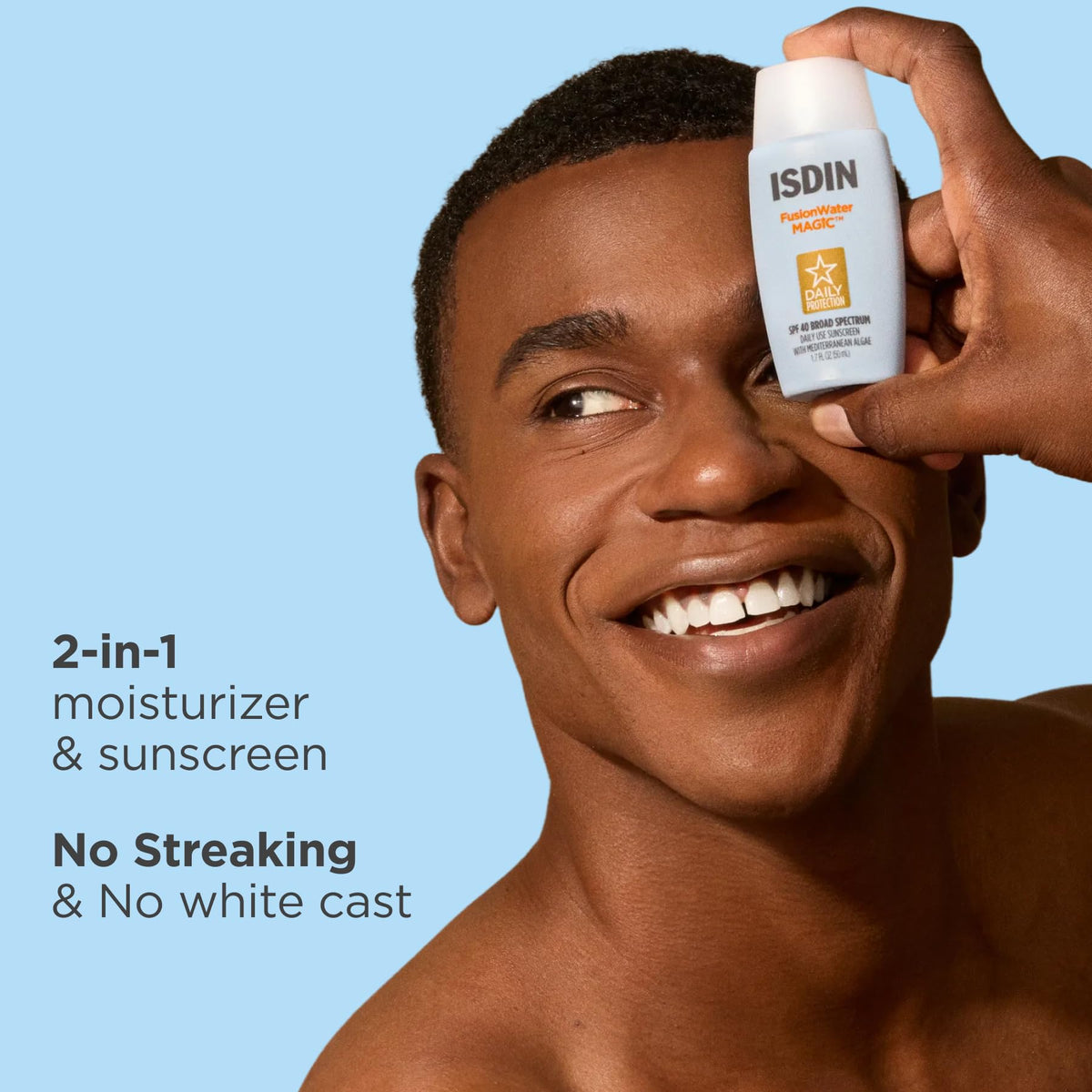 ISDIN Fusion Water MAGIC in morning routine setting showcasing daily-use convenience benefit