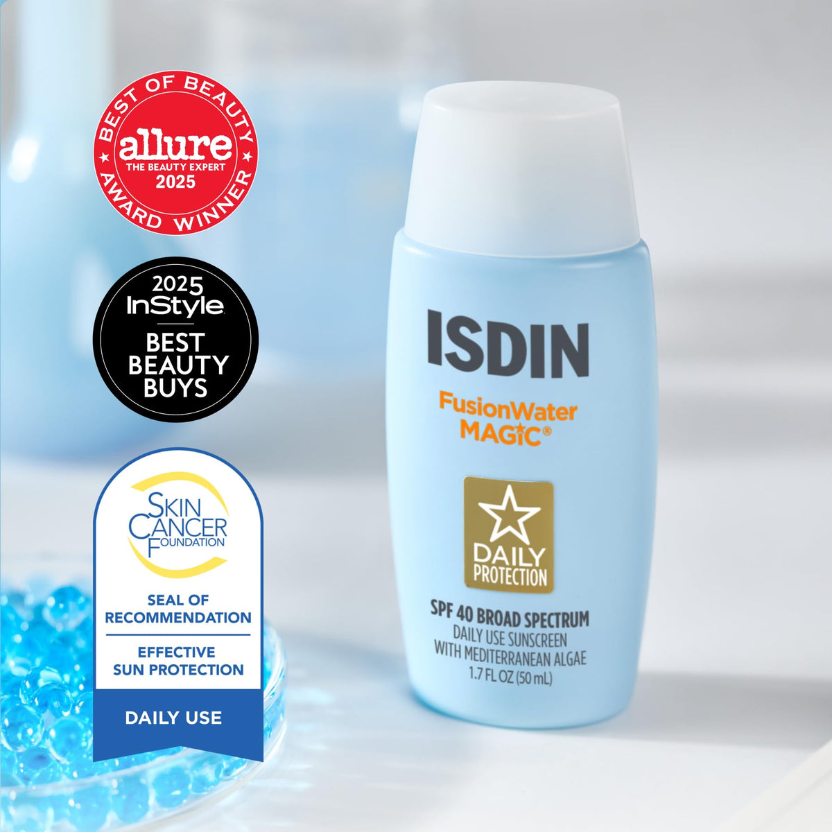 ISDIN Fusion Water MAGIC lightweight texture dispensed on skin for fast absorption benefit