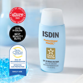 ISDIN Fusion Water MAGIC lightweight texture dispensed on skin for fast absorption benefit