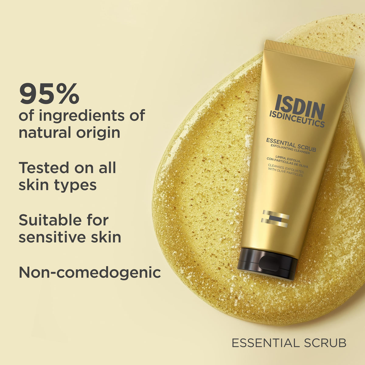 ISDIN in hand application demonstrating gentle scrub spread and controlled use