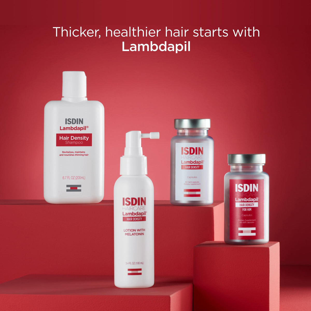 ISDIN Lambdapil staged in bathroom routine for daily hair care use