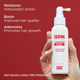 ISDIN Lambdapil held in hand illustrating 4.2 fl oz size and portability