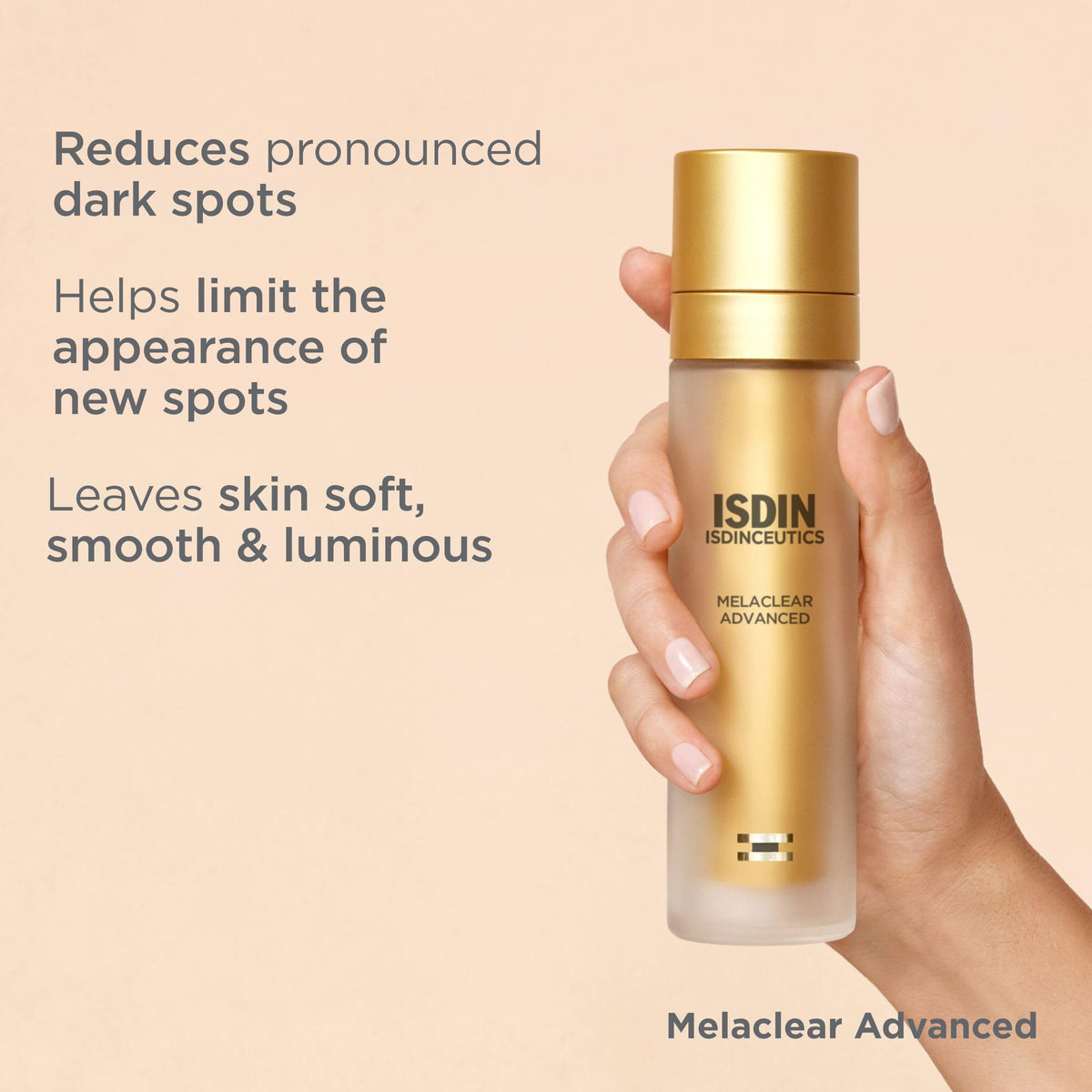 ISDIN Melaclear 1.7 fl oz bottle held for size comparison and scale