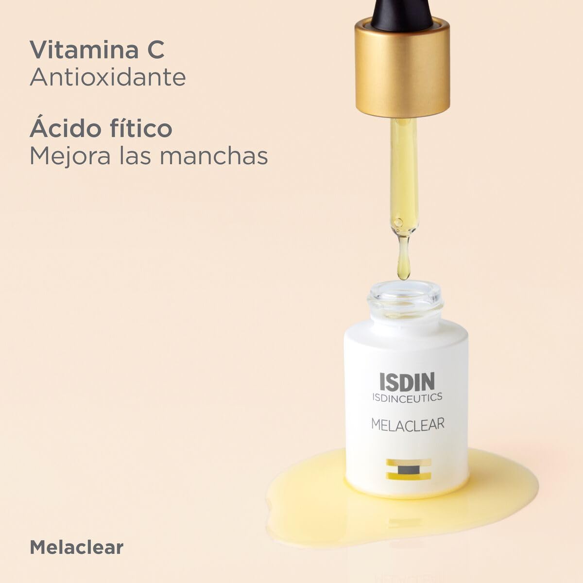 ISDIN ingredients display with vitamin C and botanicals, emphasizes antioxidant benefits
