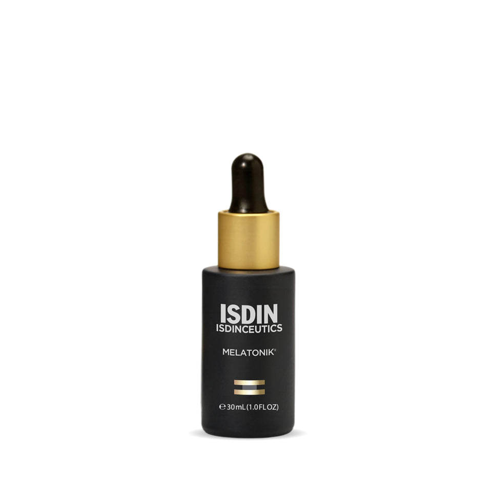 ISDIN Melatonik front packaging showing sleek bottle and calming design benefit: clear presentation