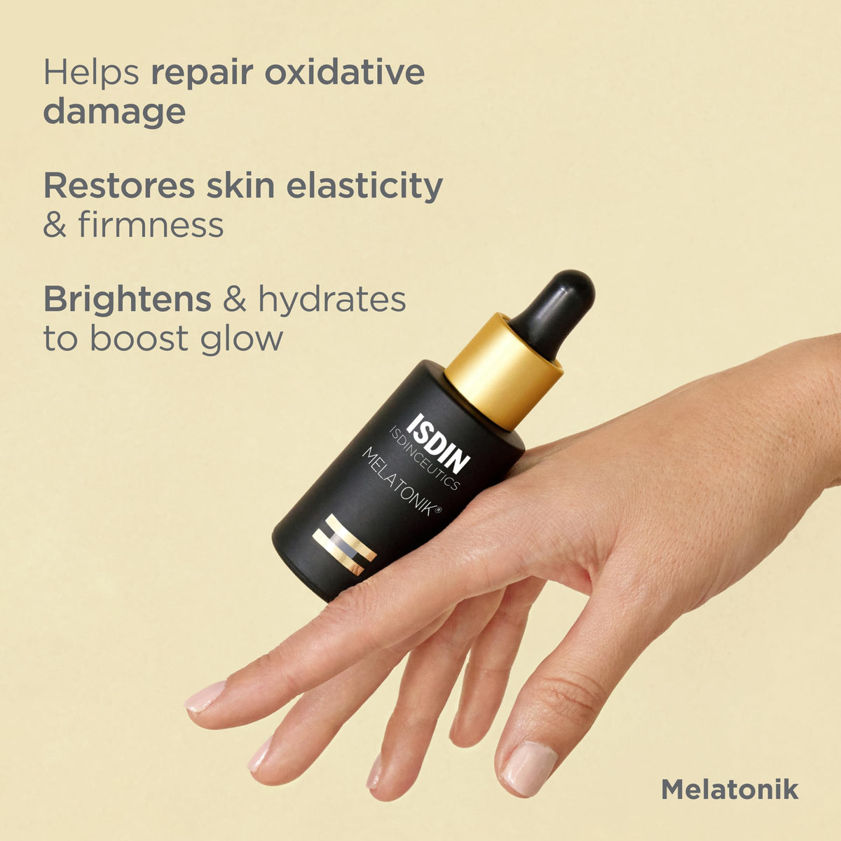 ISDIN Melatonik ingredient highlight melatonin bottle and powder showing restorative actives benefit: nighttime repair