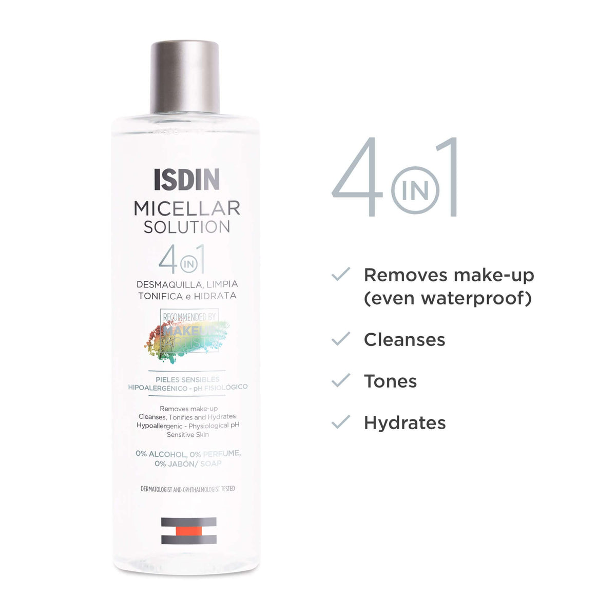 ISDIN ingredients label close-up highlighting hypoallergenic and alcohol-free benefits