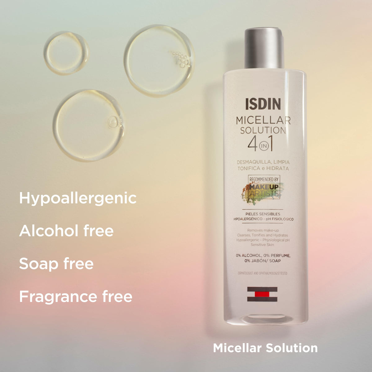 ISDIN micellar water on cotton pad demonstrating easy makeup and impurity removal