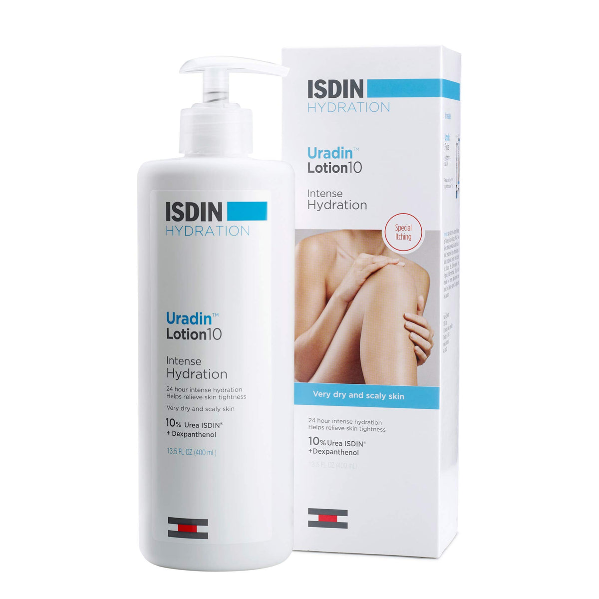 ISDIN Uradin 10 front packaging showing bottle and label, clear hydration benefit