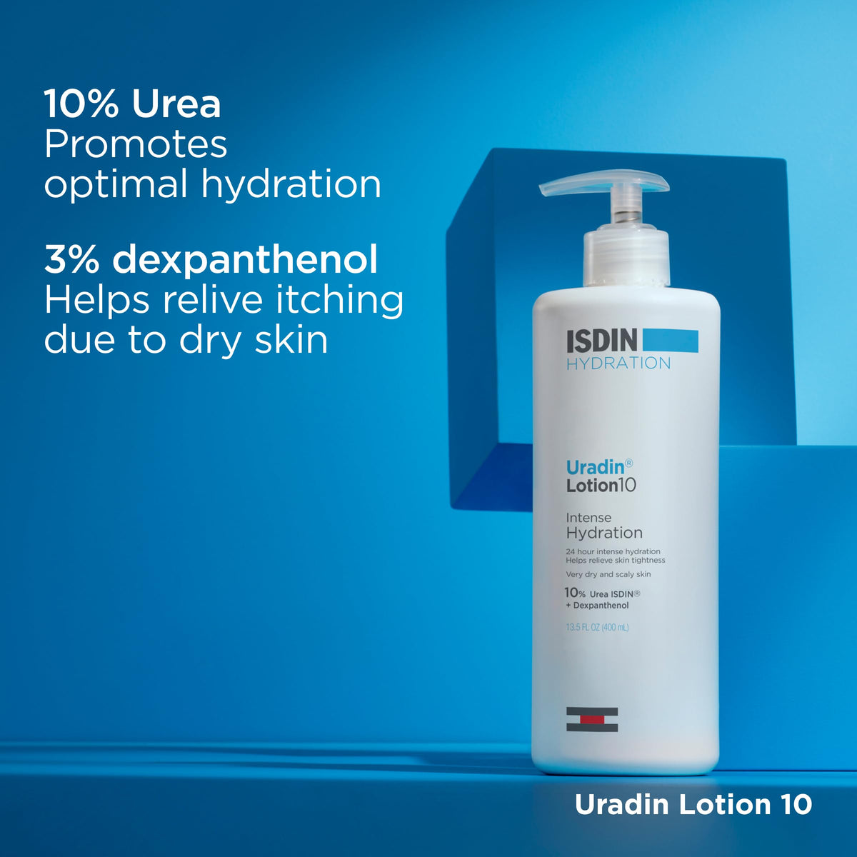 ISDIN Uradin 10 open cap with lotion droplet, illustrates non-greasy consistency