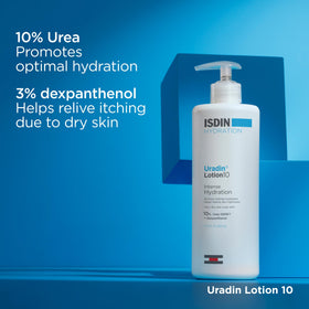 ISDIN Uradin 10 open cap with lotion droplet, illustrates non-greasy consistency